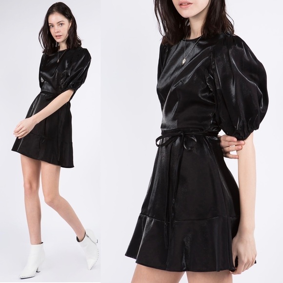 NWT Whiteroom + Cactus Black Satin Puff Sleeve Mini Dress - Picture 1 of 8